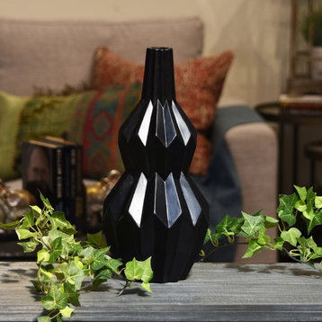 Narrow Lip Patterned Bellied Vase, Black, Small