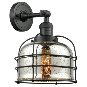 Large Bell 1-Light LED Cage Sconce, Matte Black, Glass: Silver Mercury