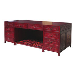 Red Chinese Rosewood Full Size Flower Bird Carving Multiple Drawers Office Desk - Desks And Hutches