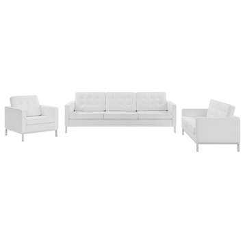 Loft Tufted Upholstered Faux Leather 3 Piece Set Silver White