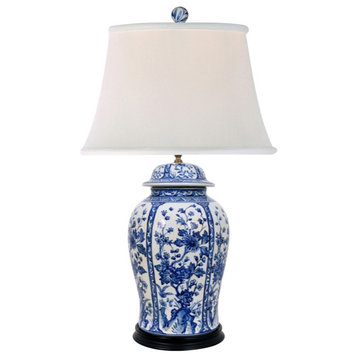 Blue and White Floral Temple Jar Lamp