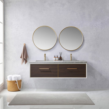 Caparroso Floating Bath Vanity, Stone Top, Dark Walnut, 60", With Mirror