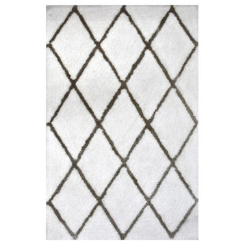 Hand Woven Polyester Adele Shaggy Oriental Area Rug Silver, White Color