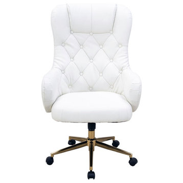 Office Chair, White Polyester With Adjustable Gas Lift Seating and Wheels