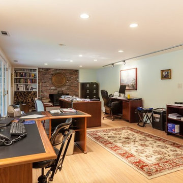 Open Concept Basement Home Office with Fireplace – North Shore MA