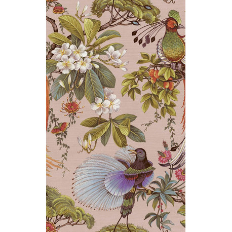 Painted Oriental Birds and Trees Tropical Wallpaper, Pink, Sample