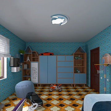 Interior of a two-story house in the Biedermeier style.