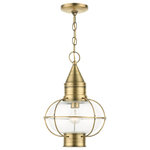 Livex Lighting - Antique Brass Nautical, Farmhouse, Bohemian, Colonial, Outdoor Pendant Lantern - The Newburyport outdoor large single-light pendant lantern boasts classic nautical and railway styling. This piece features a beautiful hand-blown clear glass globe and an antique brass finish over the hand crafted solid brass construction. With its easy installation and low upkeep requirements, this light will not disappoint.
