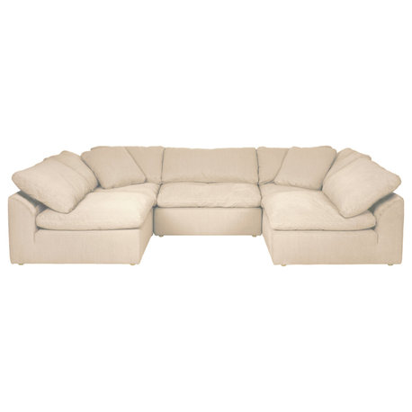 5-Piece Slip-Covered U-Shaped Sectional Sofa, Tan/Beige