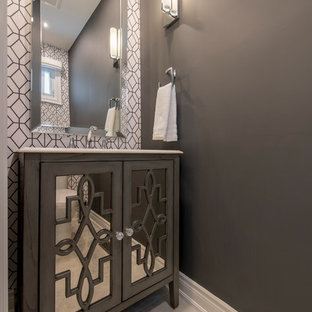 75 Beautiful Powder Room With Glass Front Cabinets And Solid