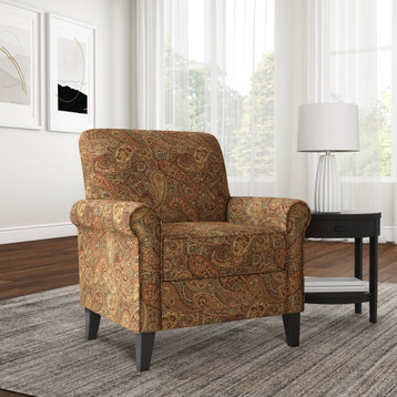 Classic Armchair, Padded Seat and Rolled Arms With Welted Trim, Burgundy Paisley
