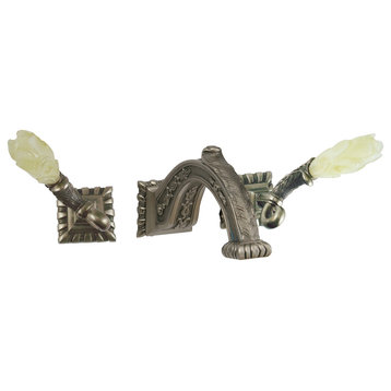 Wall Mounted Lavatory Set With Arabescato Marble Accents, Antique Brass