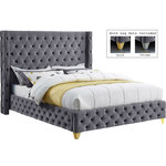 Meridian Furniture - Savan Velvet Upholstered Bed, Gray, King - Bring luxury to the forefront when you add this Savan velvet king-size bed to your room. Upholstered in rich grey velvet from the top of its super-high headboard down to its footboard, this beautiful bed features deep button tufting and a wingback detail to make it a true standout in your space. This luxe bed comes with two sets of legsincluding both gold and chrome optionsso you can customize it to completely coordinate with other items in your space. Full slats are included so that you can set it up and start using it right away.