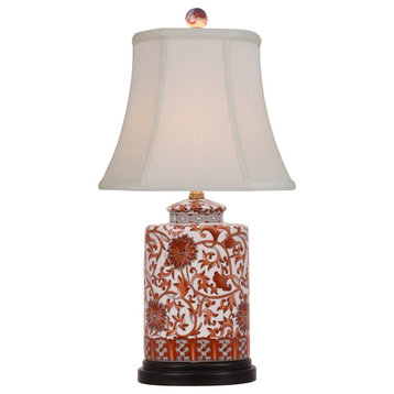 Chinese Orange and White Porcelain Tea Jar Lamp Lotus Pattern Shade
