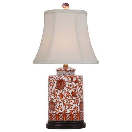 Chinese Orange and White Porcelain Tea Jar Lamp Lotus Pattern Shade