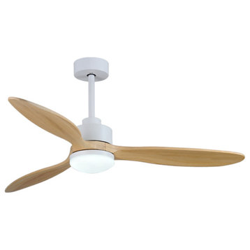 52" Modern Wooden Ceiling Fan With Lamp, White, Light Wood Blades