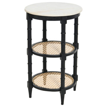 Mango Wood and Woven Cane Side Table, Black