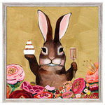 GreenBox Art + Culture - "Carrot Cake Bunny With Sweets" Mini Framed Canvas by Eli Halpin - Brown rabbit holding cake and pastries in a garden of flowers.
