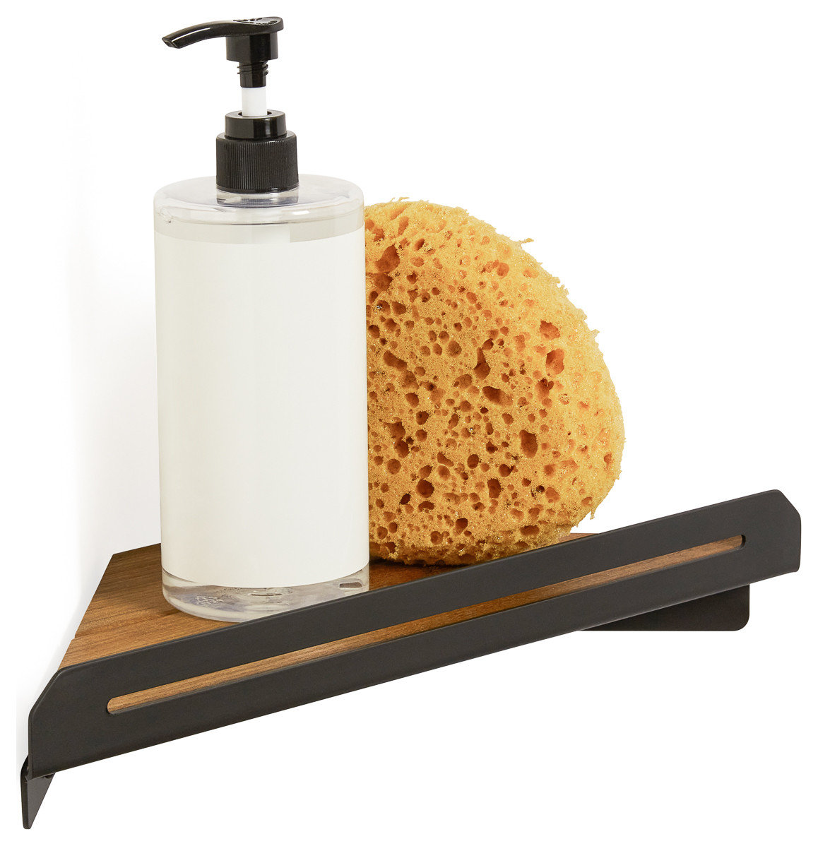 Floating Corner Shower Shelf With Natural Teak Wood, Matte Black