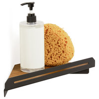 Floating Corner Shower Shelf With Natural Teak Wood, Matte Black