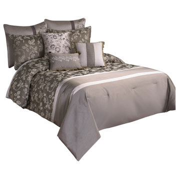 10 Piece King Polyester Comforter Set With Leaf Print, Platinum Gray