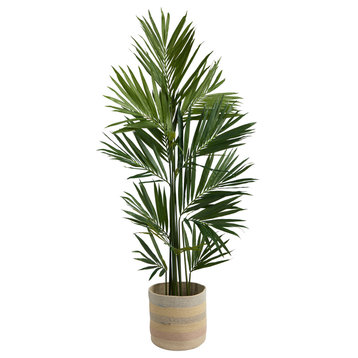 7' Kentia Artificial Palm, Handmade Natural Cotton Multicolored Woven Planter