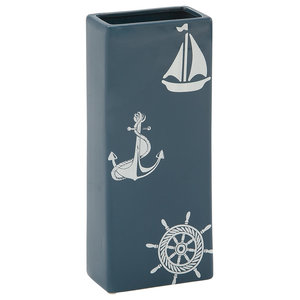 Coastal Living Ceramic Rectangular Vase Slate Blue White Beach