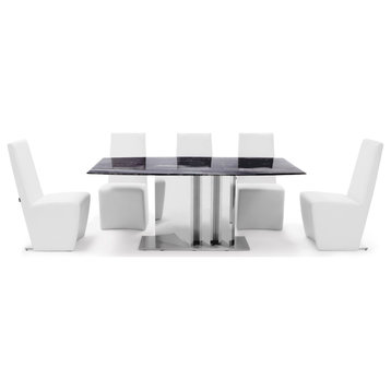 Tulare Modern Black Marble Dining Table Set with 8 Boston White Dining Chairs