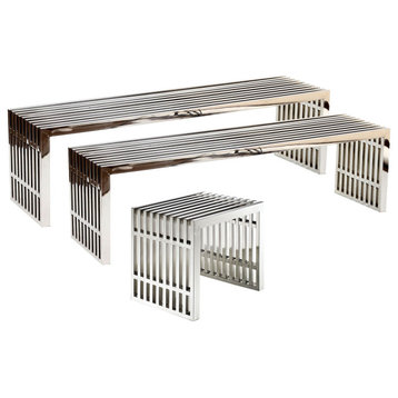 Gridiron Benches Stainless Steel 3-Piece Set, Silver