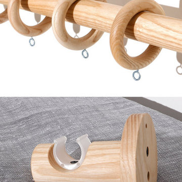 QYT03 1-1/8" Ash Wood Ball Bracket Single Double Curtain Rod Sets