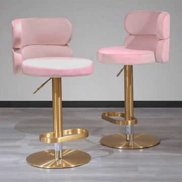 Swivel Bar Stool with Backrest Adjustable Height Pink Velvet Upholstery in Gold