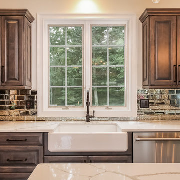 #1616 White Birch Cabinets:  Driftwood Grey Stain & White Painted Island