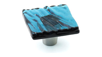 Glazed Wave Glass Knobs and Pulls, Steel Blue, 1.5" Square