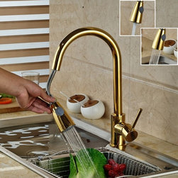 Gold-plate Single Hole Pull Out Faucet for Kitchen Basin - Kitchen Faucets