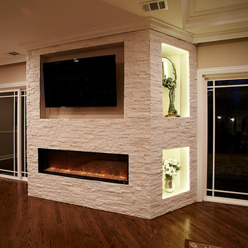 Custom Stone Fireplace Wall with Built-In TV Niche and Display Shelves
