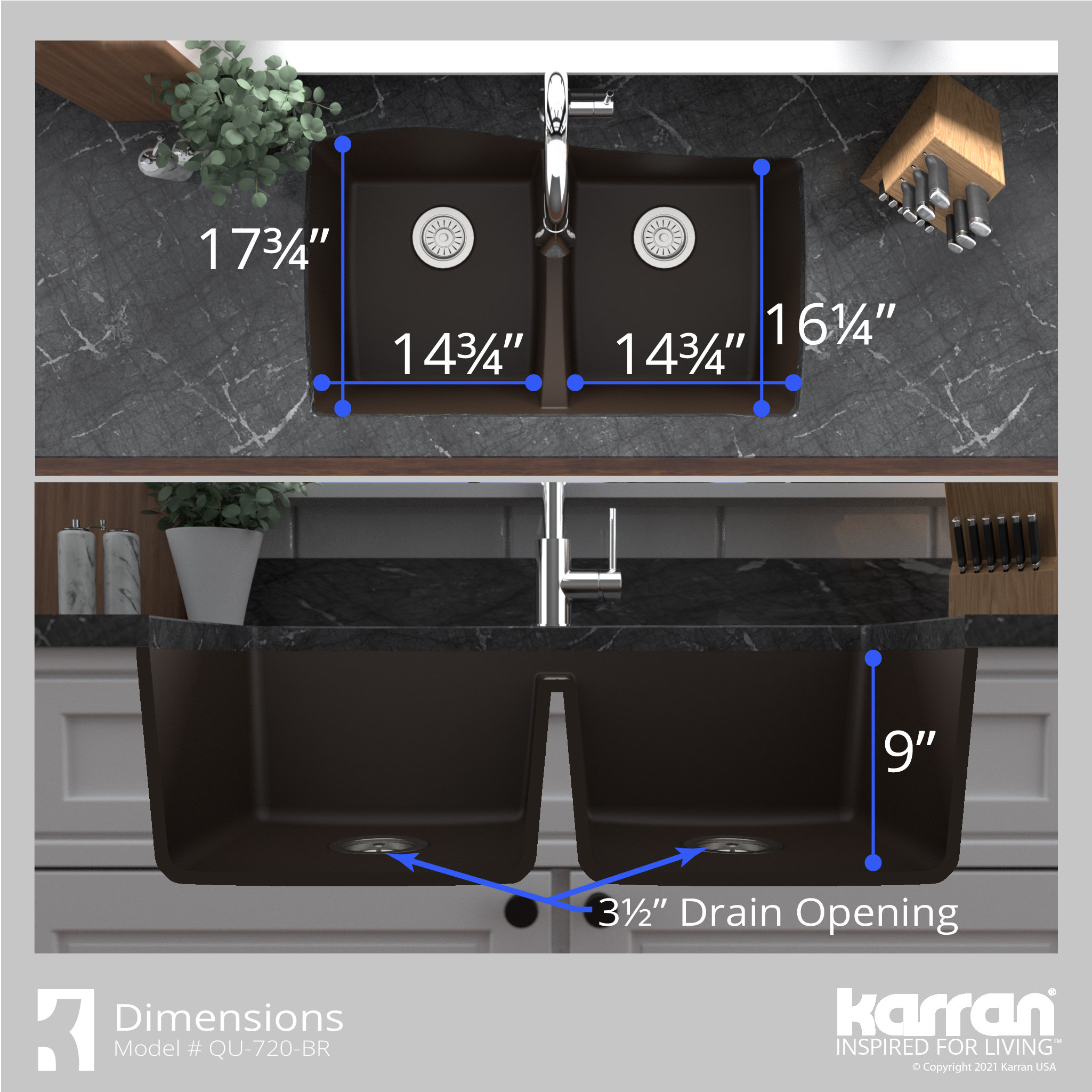 Karran Undermount Quartz 33" 50/50 Double Bowl Kitchen Sink, Brown