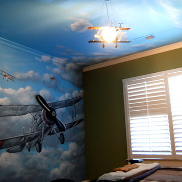 Aviation/Planes Themed Mural by Tom Taylor of Wow Effects, for a boy's bedroom.