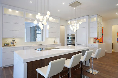 Kitchen - large modern l-shaped dark wood floor and brown floor kitchen idea in Other with an undermount sink, flat-panel cabinets, white cabinets, quartz countertops, white backsplash, glass sheet backsplash, paneled appliances and an island