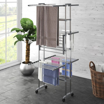 vidaXL Clothes Hanger 3-Tier Clothes Drying Rack Stand with Wheels Silver