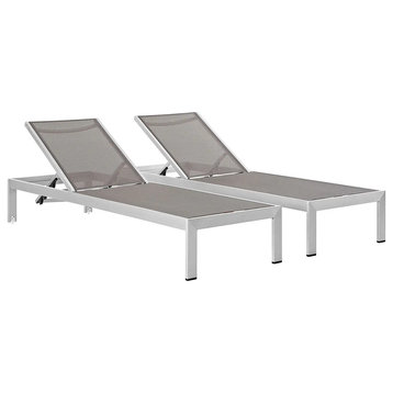 Set of 2 Patio Chaise Lounge, Silver Aluminum Frame With Mesh Seat & Back, Gray