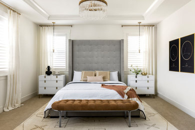 Inspiration for a transitional master carpeted and brown floor bedroom remodel in San Francisco with white walls and no fireplace