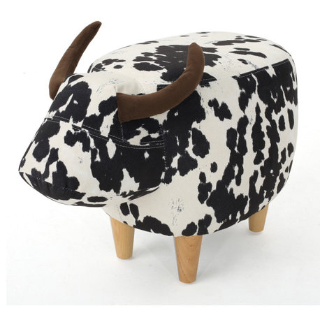 GDF Studio Bertha Milk Cow Patterned New Velvet Ottoman, Black/White Cow