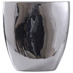 Harp and Finial - Darius Vase Small Chrome Finish on Ceramic - A small ceramic vase with a shiny chrome finish, the Darius Vase is an eye-catching transitional decoration that's sure to accentuate any room. The gleam of the silver chrome finish makes this short vase a focal point whether displayed alone or with flowers. Add this small vase to a tabletop in a hallway, foyer, bedroom, dining room, living room, or family room.