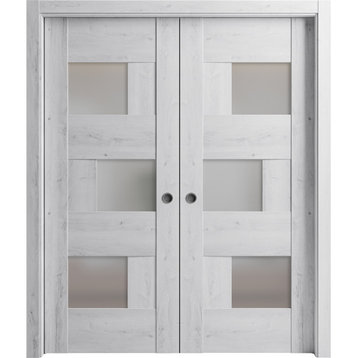 Sliding Double Pocket Doors 72 x 80, 6933 Nordic White & Frosted Glass