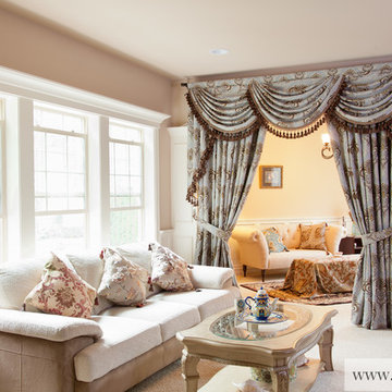 Bleu Fleur De Lis Valance Curtains with Swags and Tails