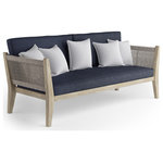 Simpli Home - Cayman Outdoor Sofa - Capable of completing our Cayman 4 Piece Outdoor Conversation set or standing out on its own, the unique look of the Cayman Sofa will be a standout addition to your outdoor patio or backyard area. The chair is designed with a distinctive feature where the frame of the back and arms are wrapped with highly durable woven rope in an intricate pattern. The sofa base and legs are built with solid acacia wood. Covering the thick, comfortable cushions and decor pillows is premium water resistant fabric. Paired with the coffee table and chairs the Cayman Outdoor Conversation Set will add a completely new dimension to your outdoor living space.