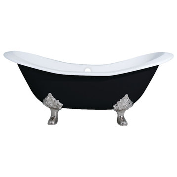 72" Double Slipper Clawfoot Tub No Faucet Drillings, Black/White/Brushed Nickel