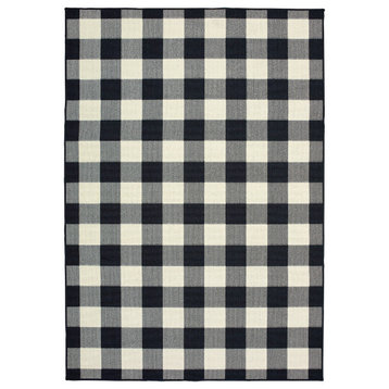 Martinique Gingham Check Black/ Ivory Indoor/Outdoor Area Rug, 6'7"x9'6"
