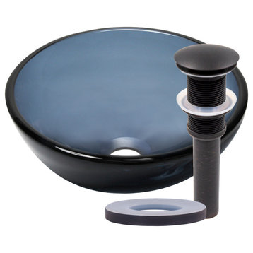 Nera Mini 12" Clear Slate Grey Round Glass Vessel Bathroom Sink with Drain, Oil Rubbed Bronze