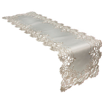 Scalloped Lace Embroidered Cutwork Table Runner, Ivory, 15"x70"